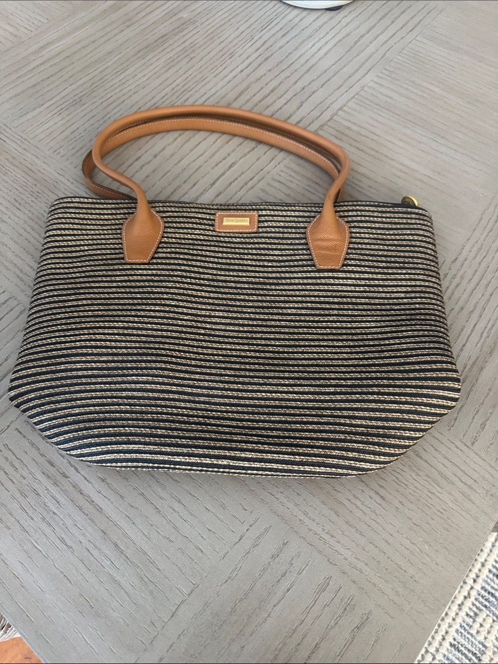 Eric Javits Tan-Trim Black & Tan Stripe Tote Bag  Red interior. Pockets